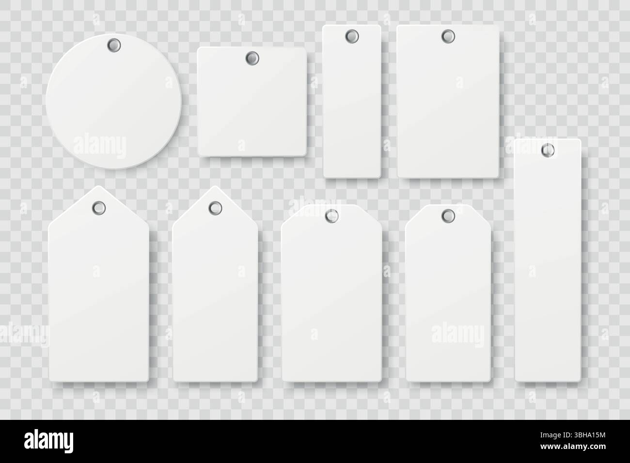 Set di etichette vuote vettoriali. Modelli di tag prezzo e tag regalo realistici. Forme di etichette isolate per design di etichette, etichette di abbigliamento, etichette di vendita, confezioni regalo Illustrazione Vettoriale