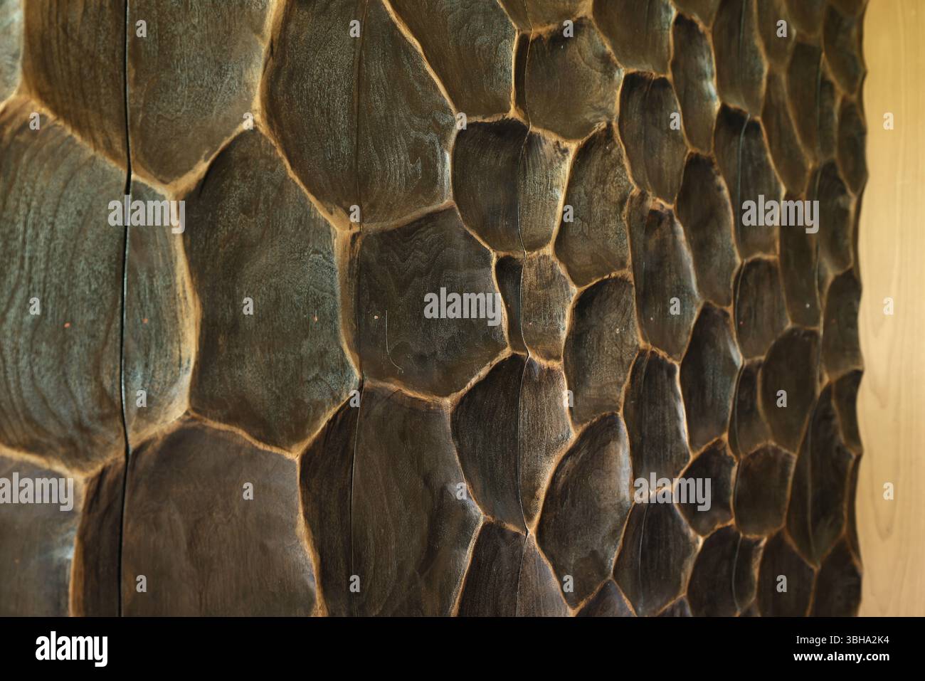 Un complesso design a nido d'ape in legno finemente realizzato per interni Foto Stock