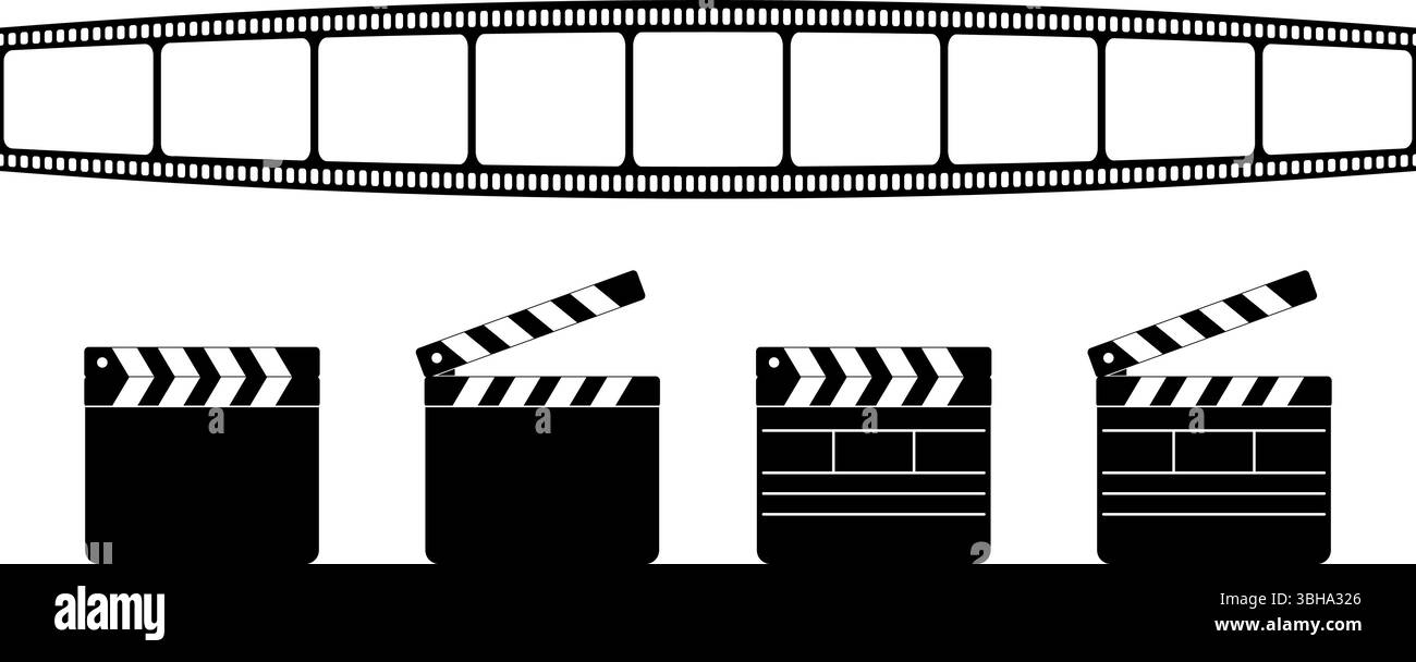 Pannelli di protezione e striscia di pellicola isolati su sfondo bianco. Sagome a clapboard chiuse e aperte. Oggetti di produzione cinematografica o televisiva. Illustrazione grafica vettoriale. Illustrazione Vettoriale