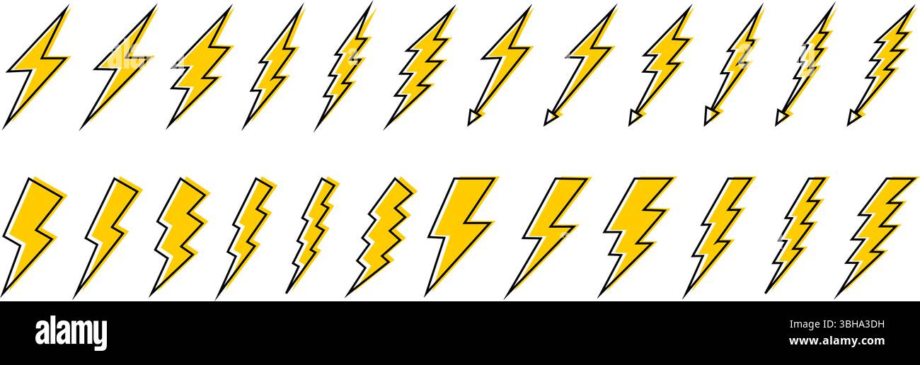 Set di icone fulmine. Raccolta di segnali temporali isolati su sfondo bianco. Simboli relativi a energia, alimentazione, flash, presenza di peli o carica della batteria. Illustrazione grafica vettoriale. Illustrazione Vettoriale