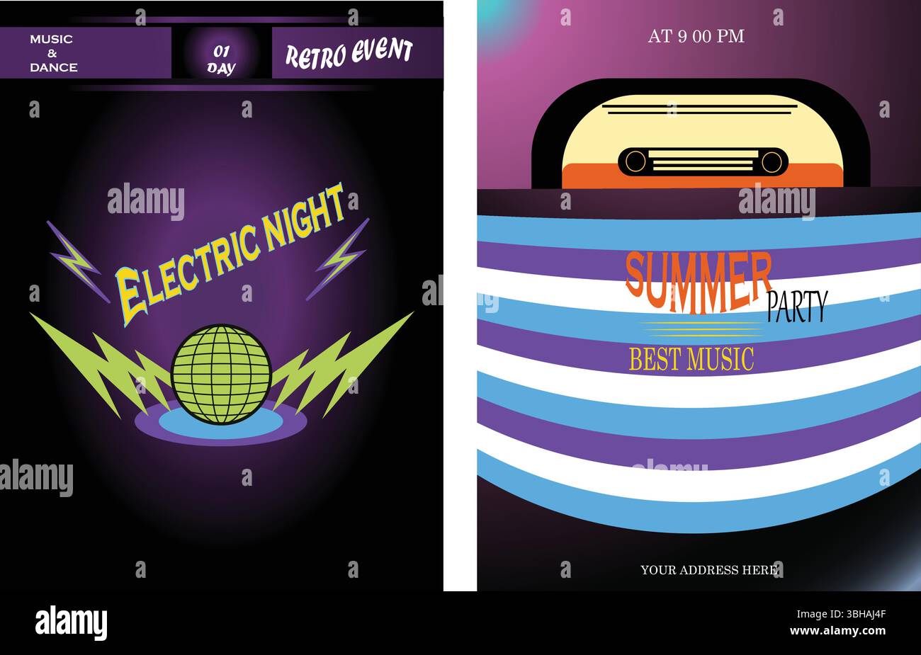 Set di poster per feste con forme funky e brillanti al neon. Vivaci opuscoli con disco al neon. Illustrazione Vettoriale