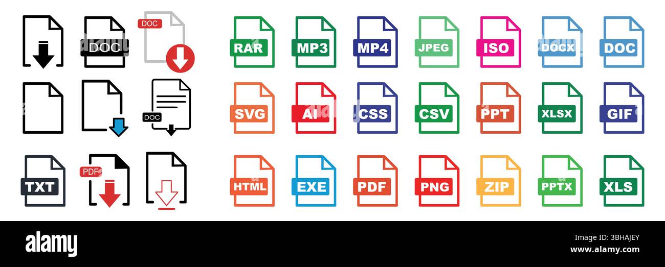 Formati di file e carica la raccolta di icone grandi. Formato file delle icone del documento impostate. PDF, JPG, DOC, PPT, XLS, MP4, RAR, AI, ZIP, MP3, MPV, GSF e altri Illustrazione Vettoriale