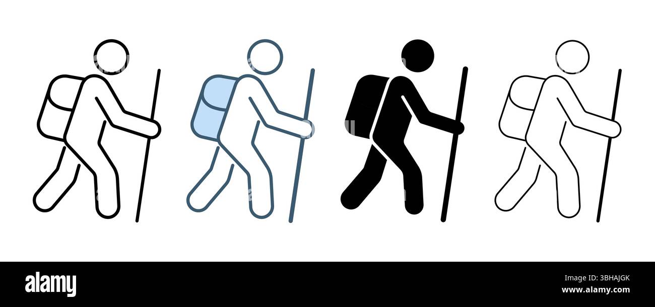 Icone vettoriali escursionistici, icona escursionista in stile diverso, illustrazione vettoriale tratto modificabile. Illustrazione Vettoriale