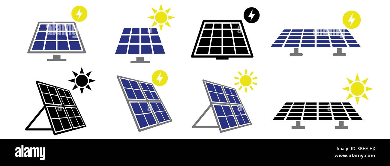 Set di icone dei pannelli solari. energia solare piatta semplice per la progettazione di infografiche. Eco , Solar Farm, creazione e costruzione sicure, sicurezza batteria, Vector ill Illustrazione Vettoriale