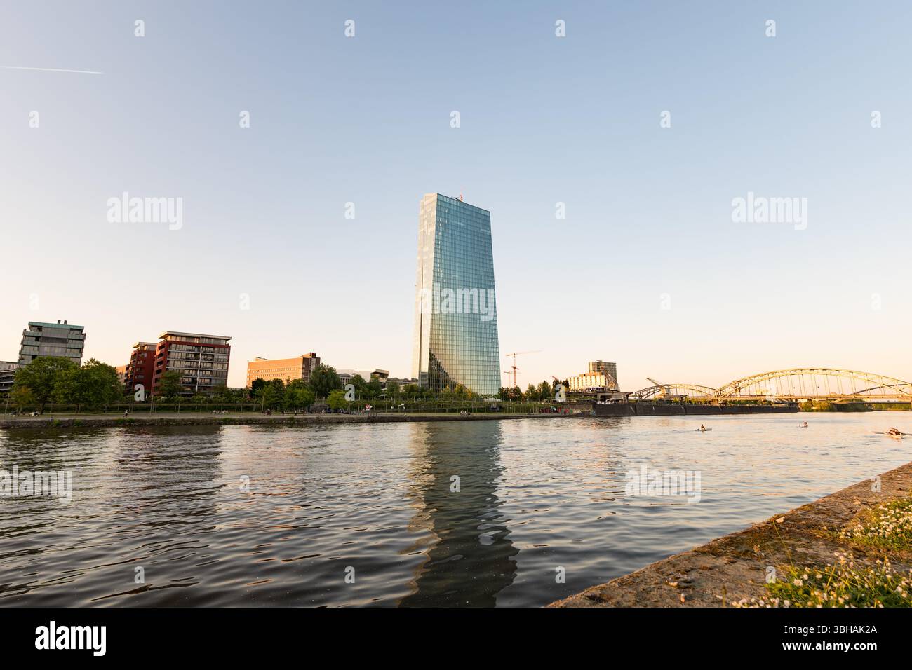 Edificio della torre della BCE di Francoforte della Banca centrale europea vicino al fiume meno. Il moderno grattacielo rappresenta un punto di riferimento durante la serata. Foto Stock
