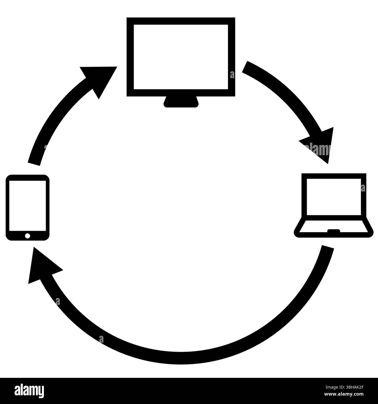 Icona condivisione dati. Insegna del design reattivo. Tabella dei dispositivi, computer, smartphone, cellulare e simbolo del laptop. stile piatto. Foto Stock