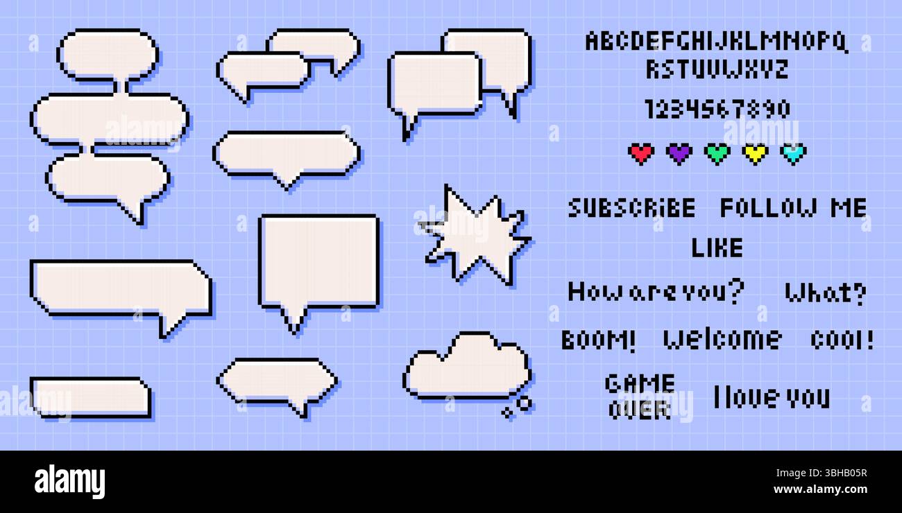 Set di fumetti di pixel art con frasi di gioco retrò e carattere: Finestre di dialogo, palloncini di chat, nuvole di pensiero con testo. elementi di comunicazione a 8 bit per sovrapposizione streaming, social media, interfaccia di gioco Illustrazione Vettoriale