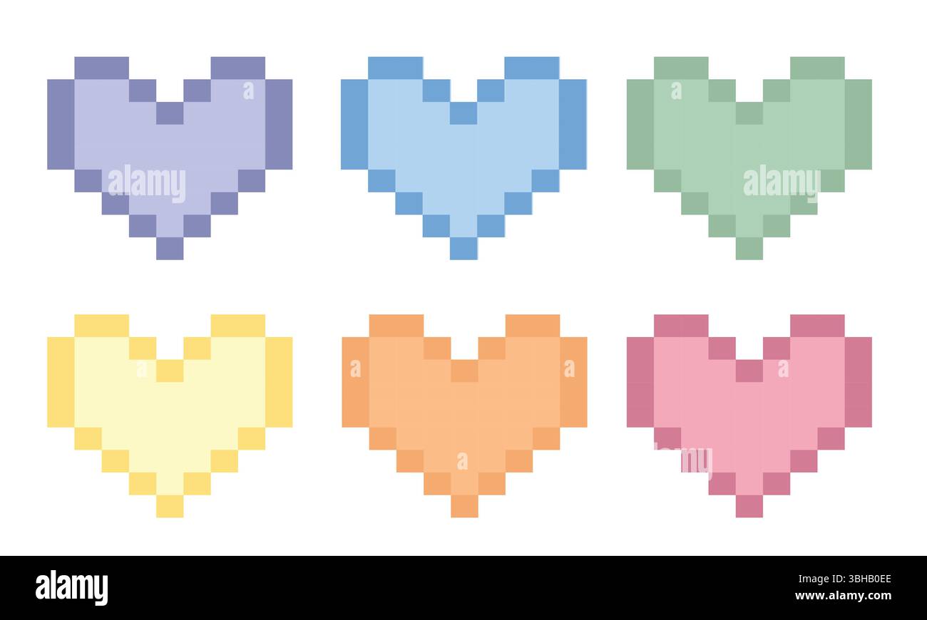 Set di icone colorate a forma di cuore pixel Illustrazione Vettoriale