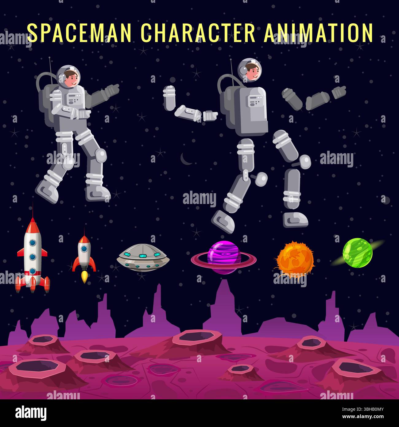 Costruttore di kit Spaceman in stile cartoni animati, sfondo del gioco dei cartoni animati spaziali fantasy Illustrazione Vettoriale