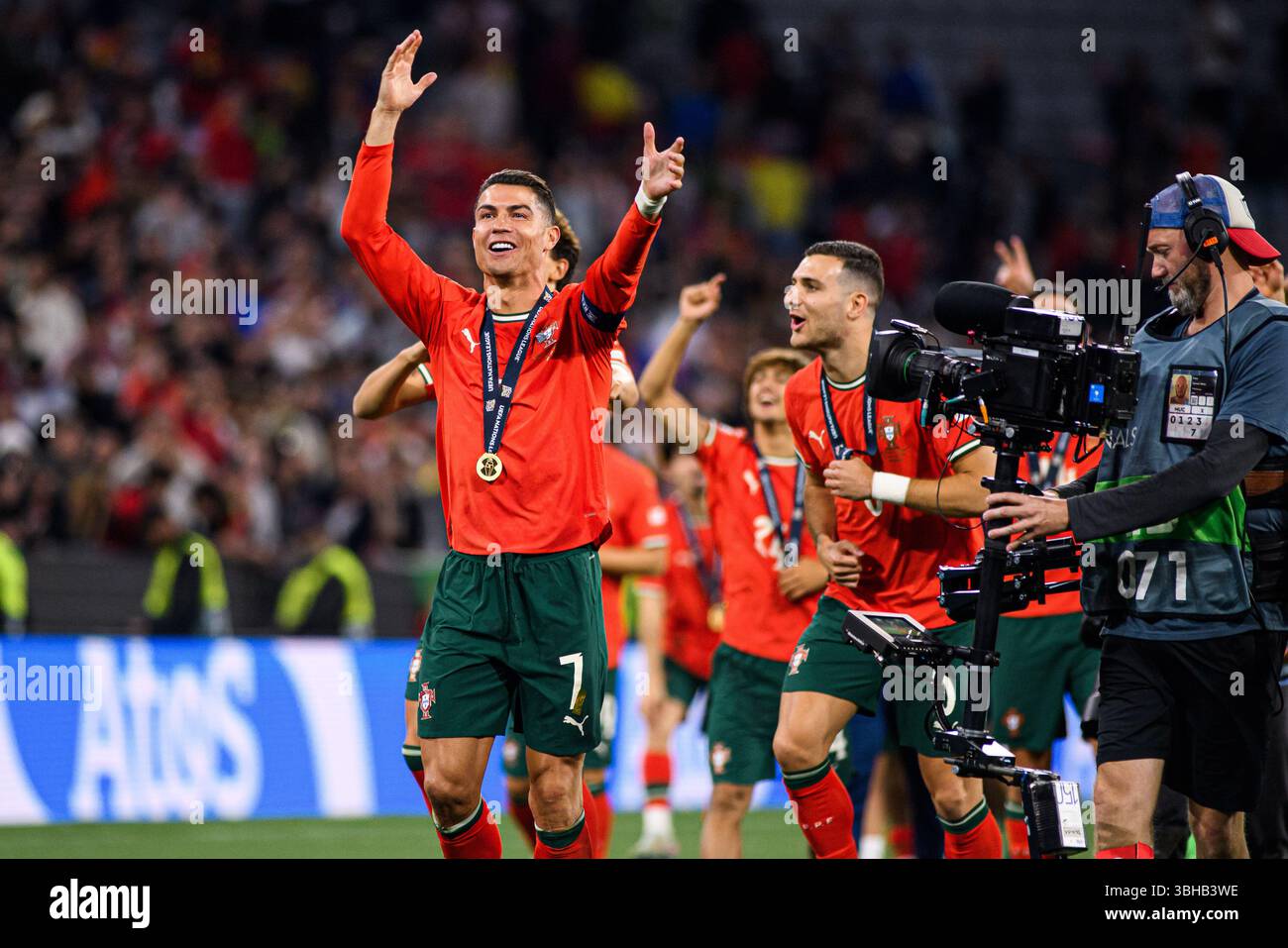 MONACO DI BAVIERA, GERMANIA - 8 GIUGNO 2025: Cristiano Ronaldo - l'ultima partita di UEFA Nations League 2025 Portogallo contro Spagna all'Allianz Arena. Foto Stock