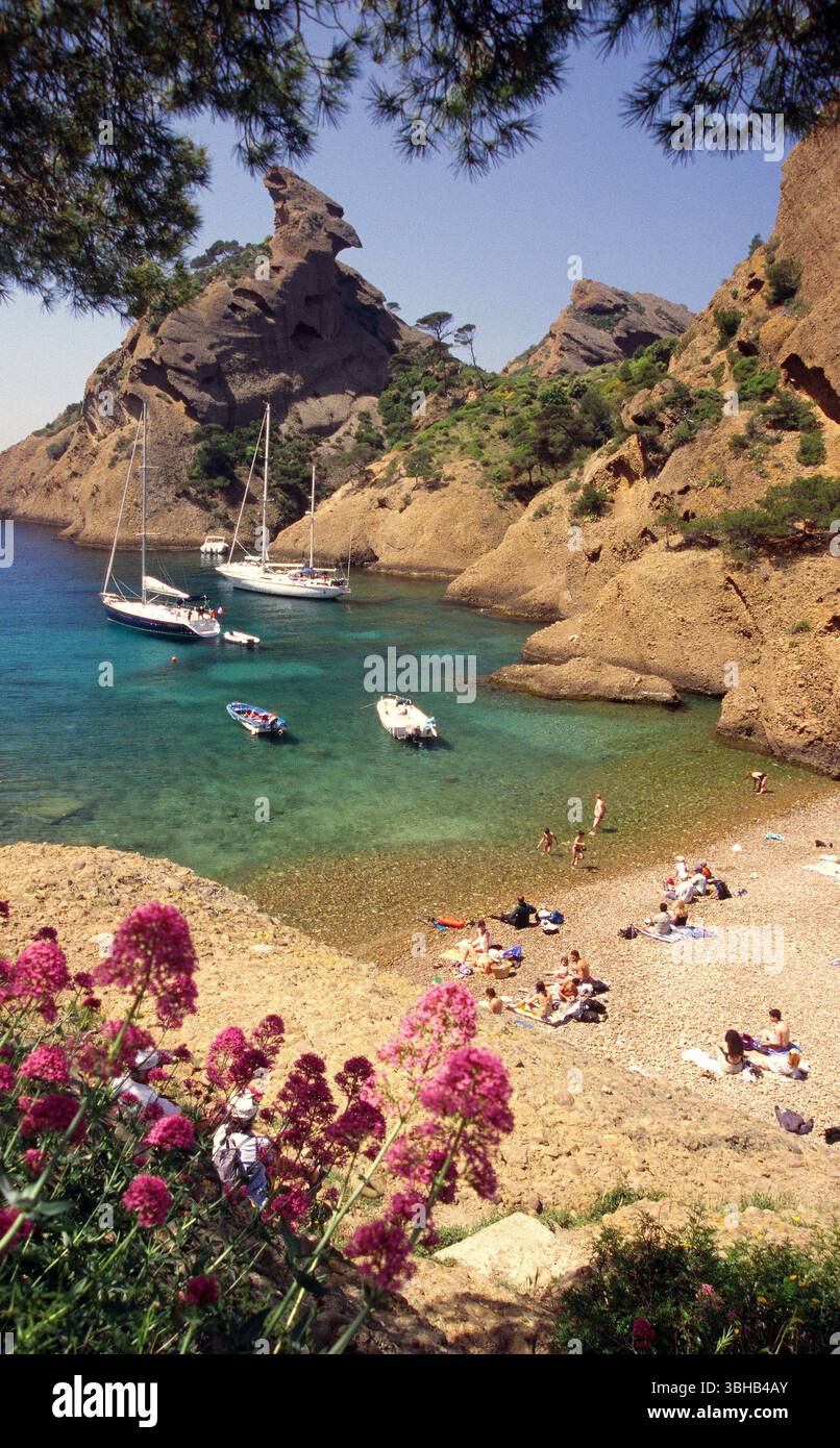 Calanque de Figuerolles a la Ciotat con la sua roccia torreggiante e la piccola spiaggia con bagnanti e barche all'ancora Foto Stock