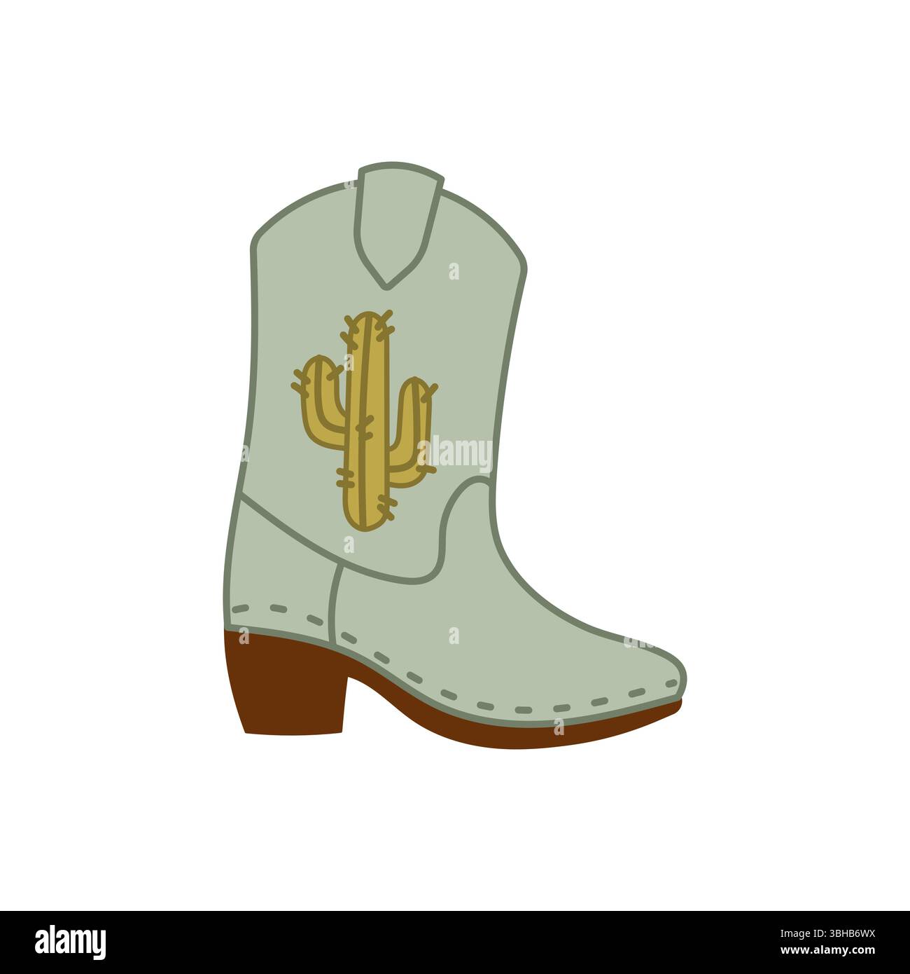 Illustrazione vettoriale di un classico stivale da cowboy con ricami di cactus giallo. Elemento di ispirazione occidentale per la moda, l'iconografia o il design tessile. Illustrazione Vettoriale