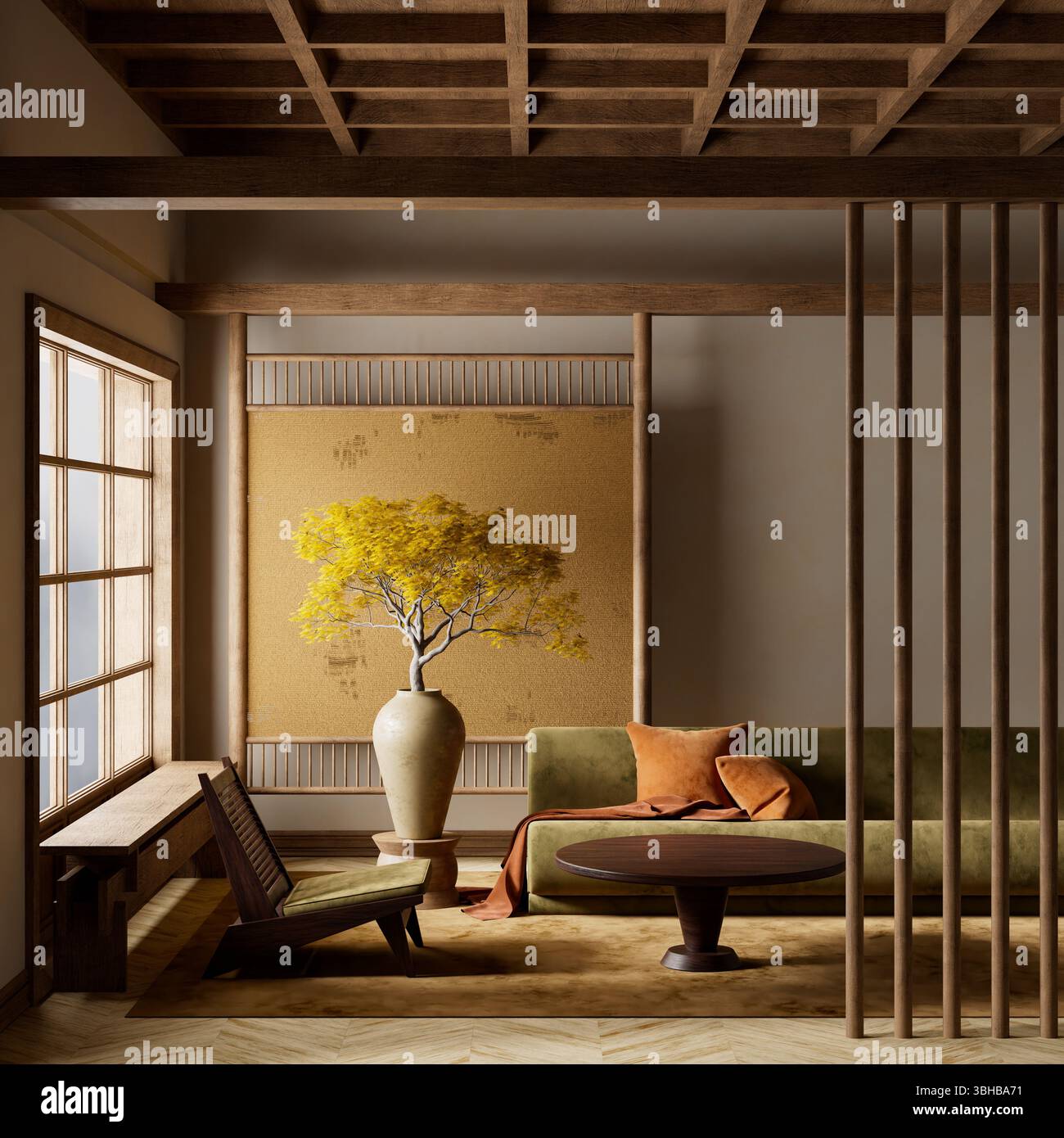Camera moderna con tonalità terrose, posti a sedere bassi e vasi in ceramica. Un albero in vaso e decorazioni di ispirazione giapponese creano un'atmosfera tranquilla, elegante e minimalista Foto Stock