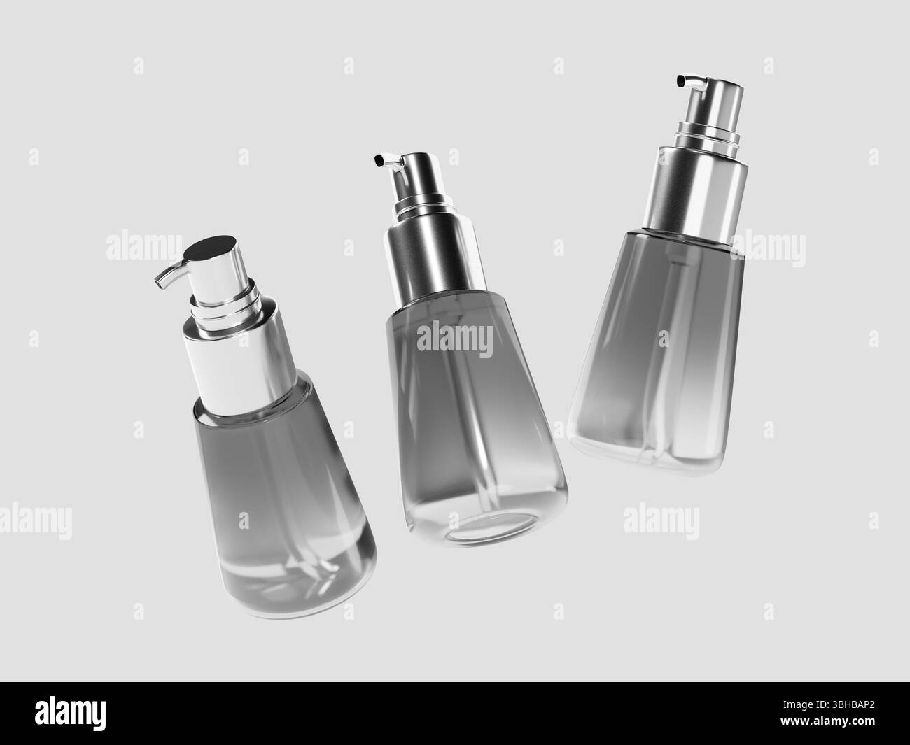 Mockup in bottiglia di vetro per pompa dell'olio per capelli 3D rappresentazione galleggiante nell'aria Foto Stock