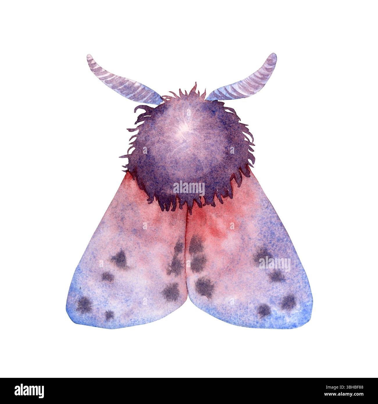 Illustrazione ad acquerello di falena mistica con ali viola e blu, che simboleggia trasformazione, intuizione e magia notturna. Perfetto per progetti esoterici, rituali, Wicca e disegni a tema misterioso. Foto Stock