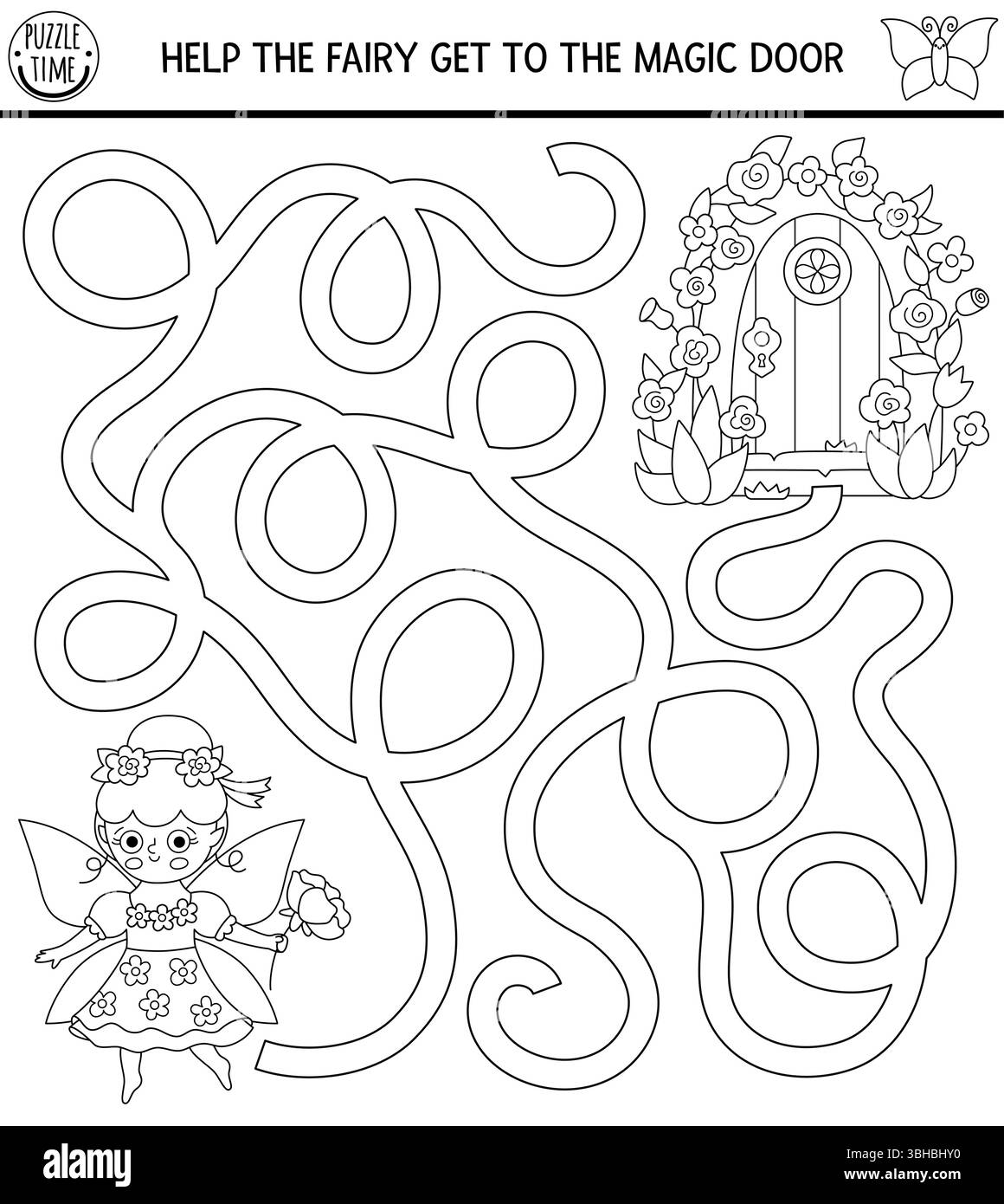 Labirinto bianco e nero per bambini con fata di fiori che va alla porta magica con rose. Principessa da favola attività da principessa, pagina da colorare. Foresta incantata Illustrazione Vettoriale