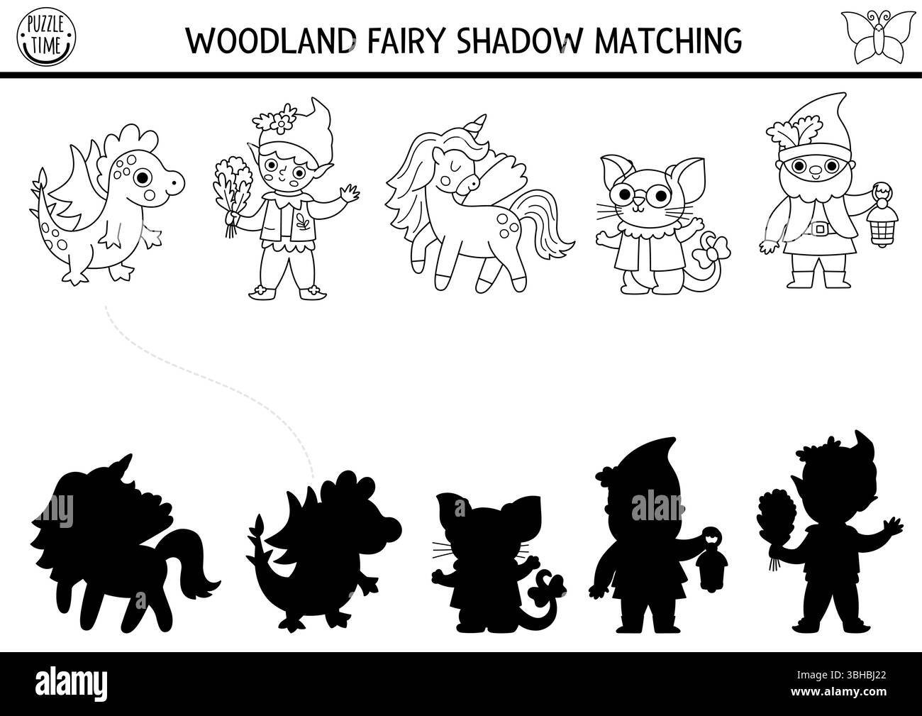 L'ombra bianca e nera delle fate del bosco si abbina all'attività della creatura fantasy. Puzzle magico della foresta con unicorno, nano, elfo. Trovare la silhouette corretta p Illustrazione Vettoriale