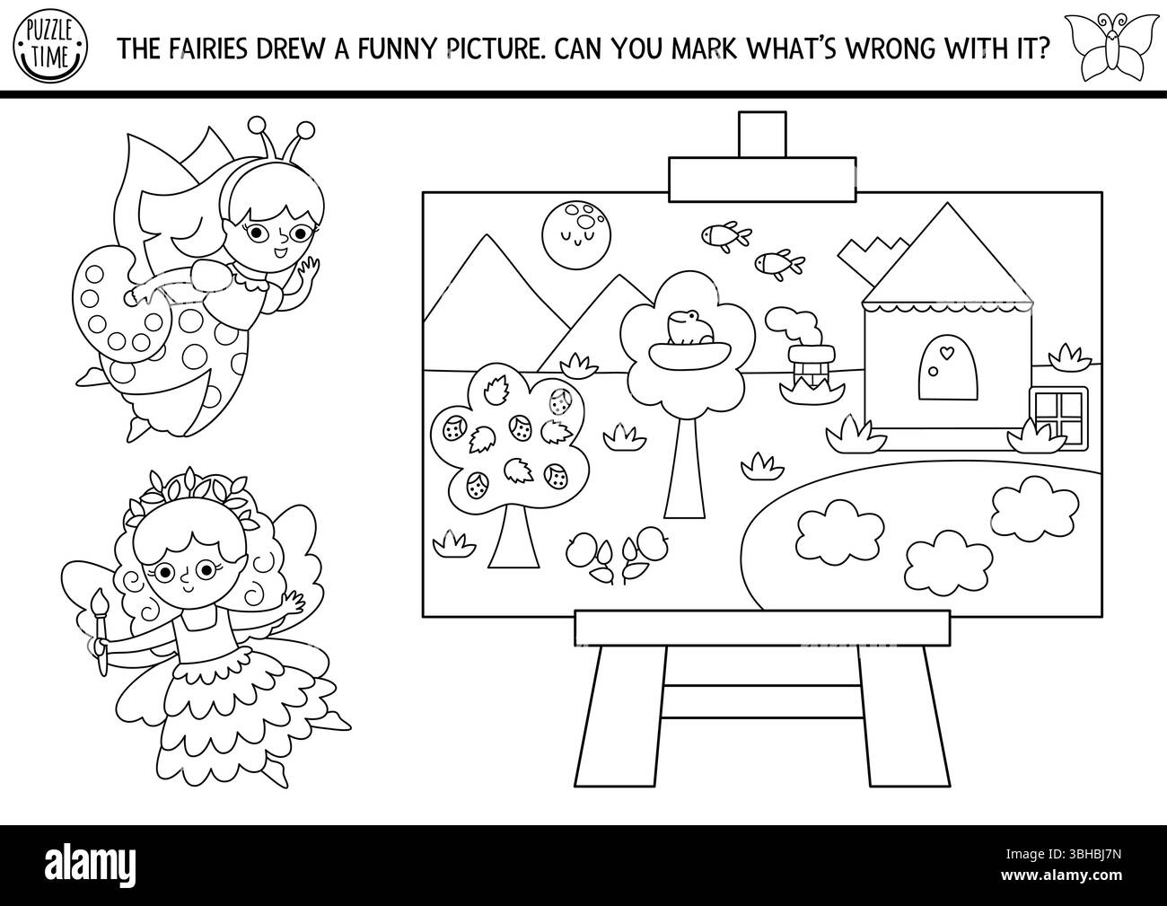 Attività logica in bianco e nero di Fairyland con fate che disegnano paesaggi con nuvole in acqua, scale sul tetto, pesci in cielo. Cosa c'è che non va nell'immagine Illustrazione Vettoriale