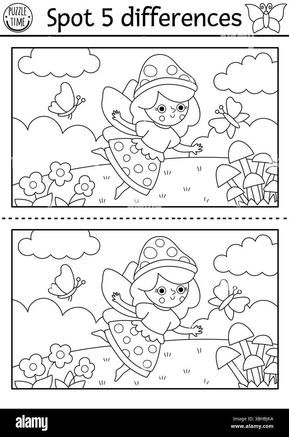 Gioco delle differenze in bianco e nero. Attività didattica Fairyland con paesaggio con fata di funghi sul prato. Puzzle magico della foresta per bambini. Giusto Illustrazione Vettoriale