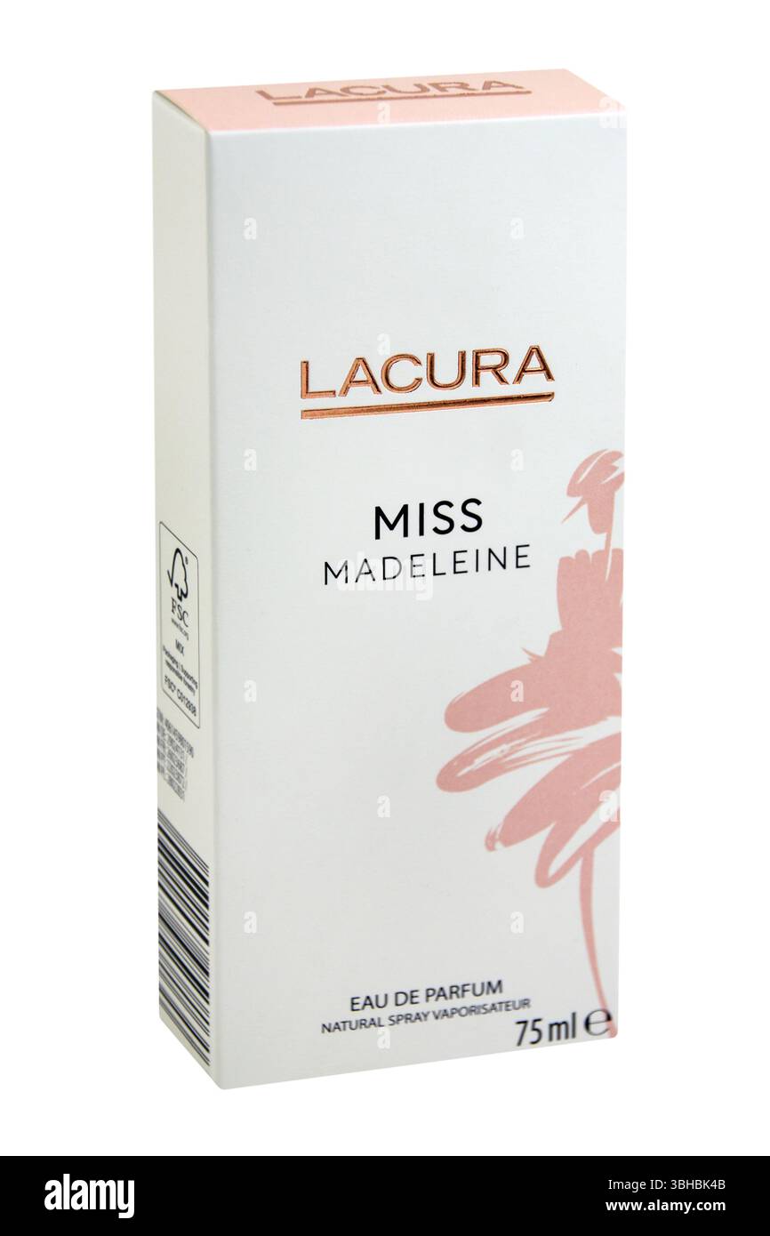 Amburgo, Germania - 6 giugno 2025: Eau de Parfum Miss Madeleine von Lacura isolata su sfondo bianco Foto Stock