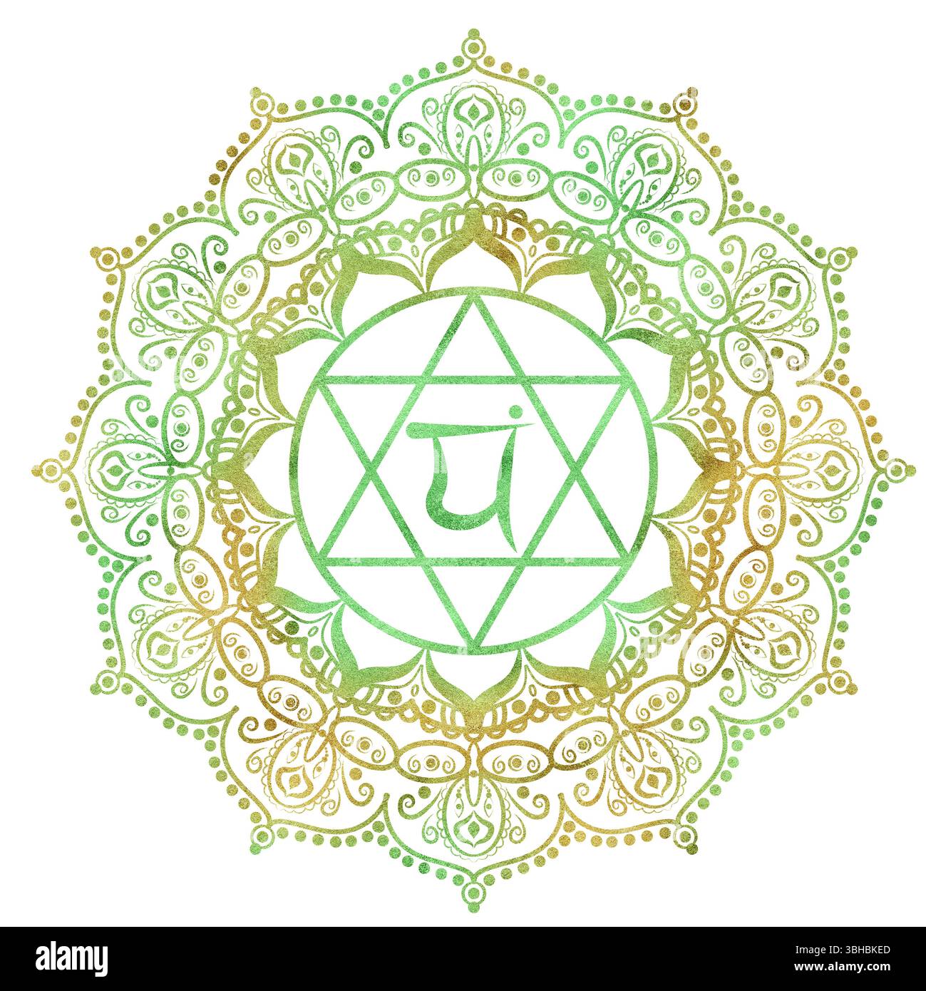 Cuore chakra Anahata di colore verde dorato con elegante motivo mandala e lettere sanscrite al centro. Equilibrio energetico. Illu di acquerello disegnato a mano Foto Stock
