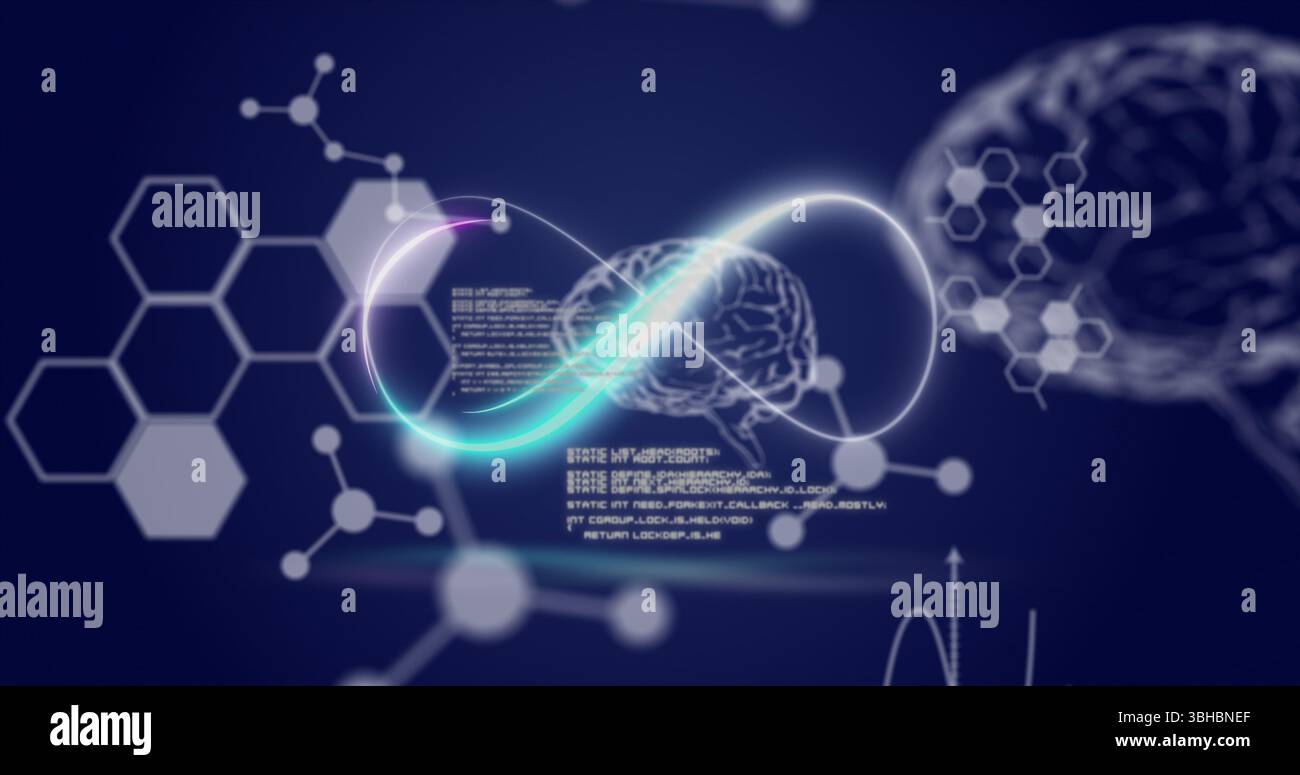 Immagine dell'infinito neon sul cervello, formule chimiche e dati sullo sfondo della marina. Rete globale, scienza, dati e concetto tecnologico genere digitale Foto Stock