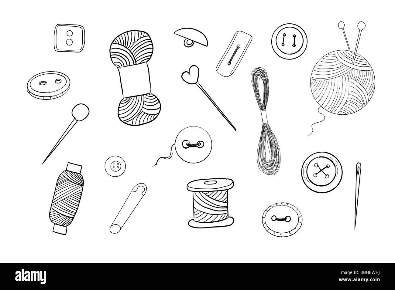 Set da cucire con filetto, spaghetti ad ago disegnati a mano. Collezione di ricami artigianali. Kit sartoriale vintage. Accessori per cucire. Illustrazione vettoriale Illustrazione Vettoriale