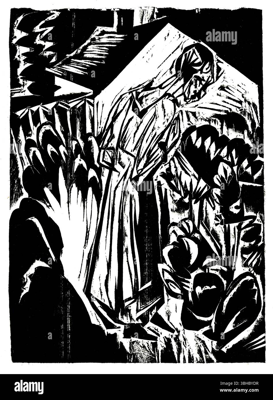 Woman in a Garden di Ernst Ludwig Kirchner, 1916 – Expressionist Woodcut Print, Bold German Modernist Art, Public Domain, High-Resolution Image Foto Stock
