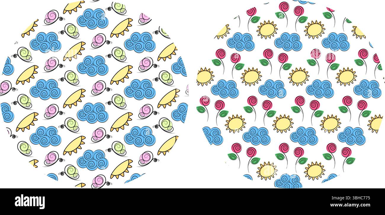 Farfalle a mano libera nuvole Sole e Fiori motivi senza cuciture su sfondi circolari ispirati all'estate. Cartoline tematiche o banner promozionali, opuscoli, etichette dei prezzi, poster Illustrazione Vettoriale