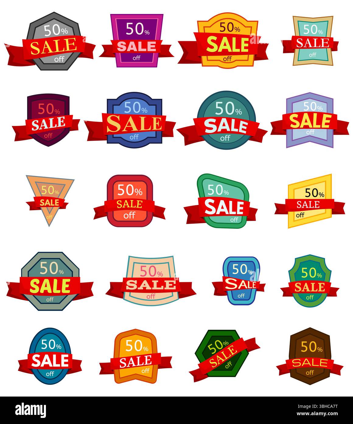 Set di venti adesivi sconto. Distintivi colorati con nastro rosso in vendita sconto del 50%. Illustrazione vettoriale. Illustrazione Vettoriale