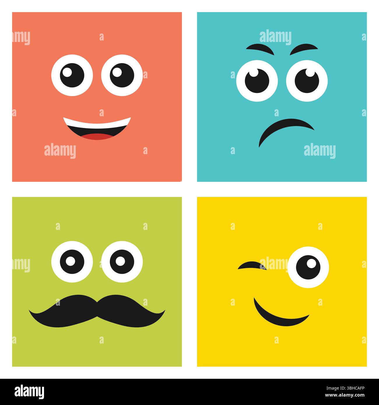 Set di quattro emoticon colorate con un sorriso, un volto infelice e serio con baffi e un viso sorridente con un occhiolino. Icona emoji nel quadrato. Backgroun piatto Illustrazione Vettoriale