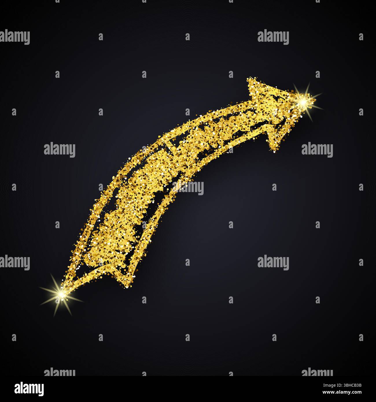 Freccia disegnata a mano con glitter dorato. Freccia Doodle con effetto glitter dorato su sfondo scuro. Illustrazione vettoriale Illustrazione Vettoriale