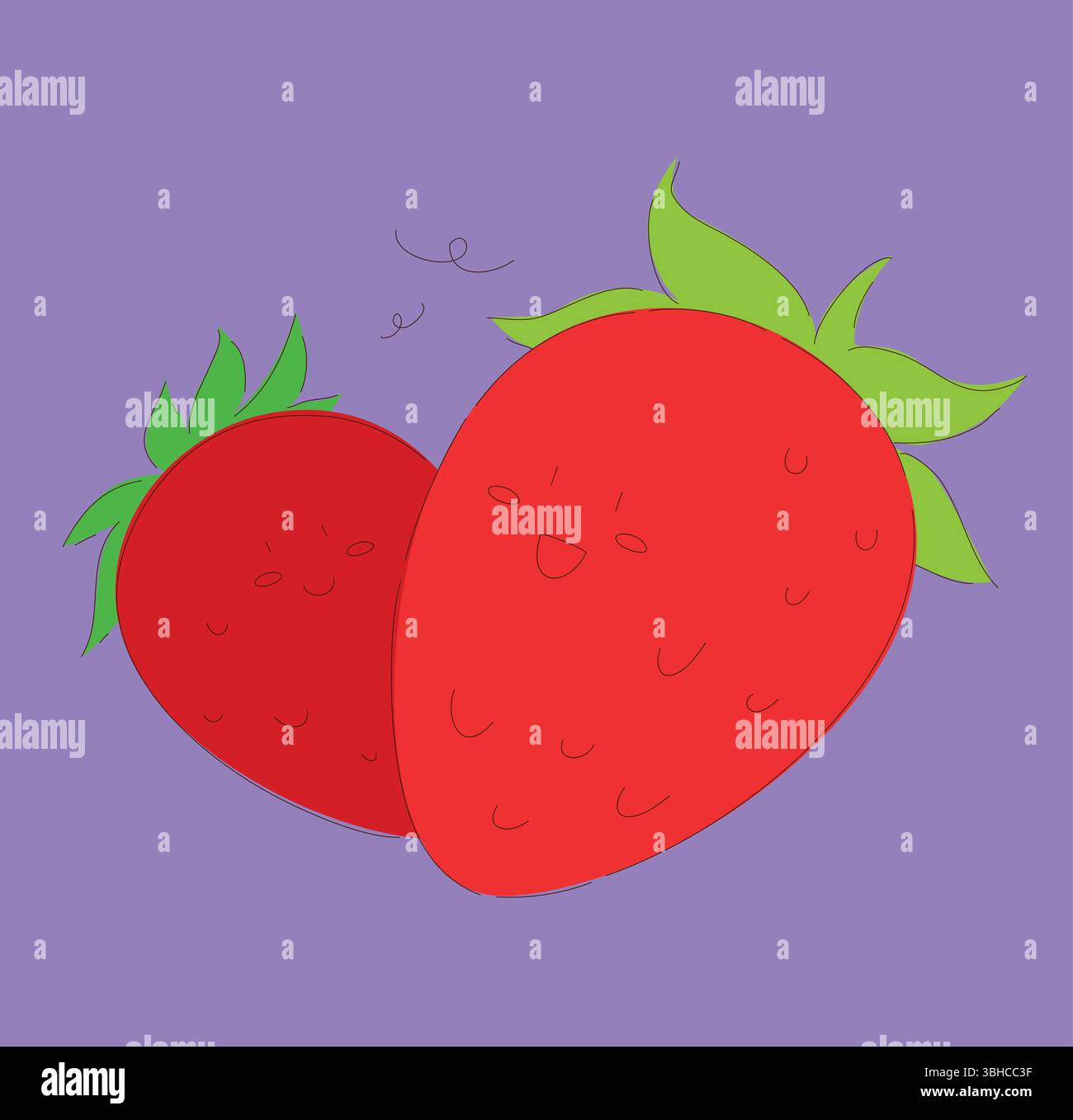 Adorabili e graziose fragole in stile cartoni animati, tutte ambientate su un vivace sfondo viola Illustrazione Vettoriale