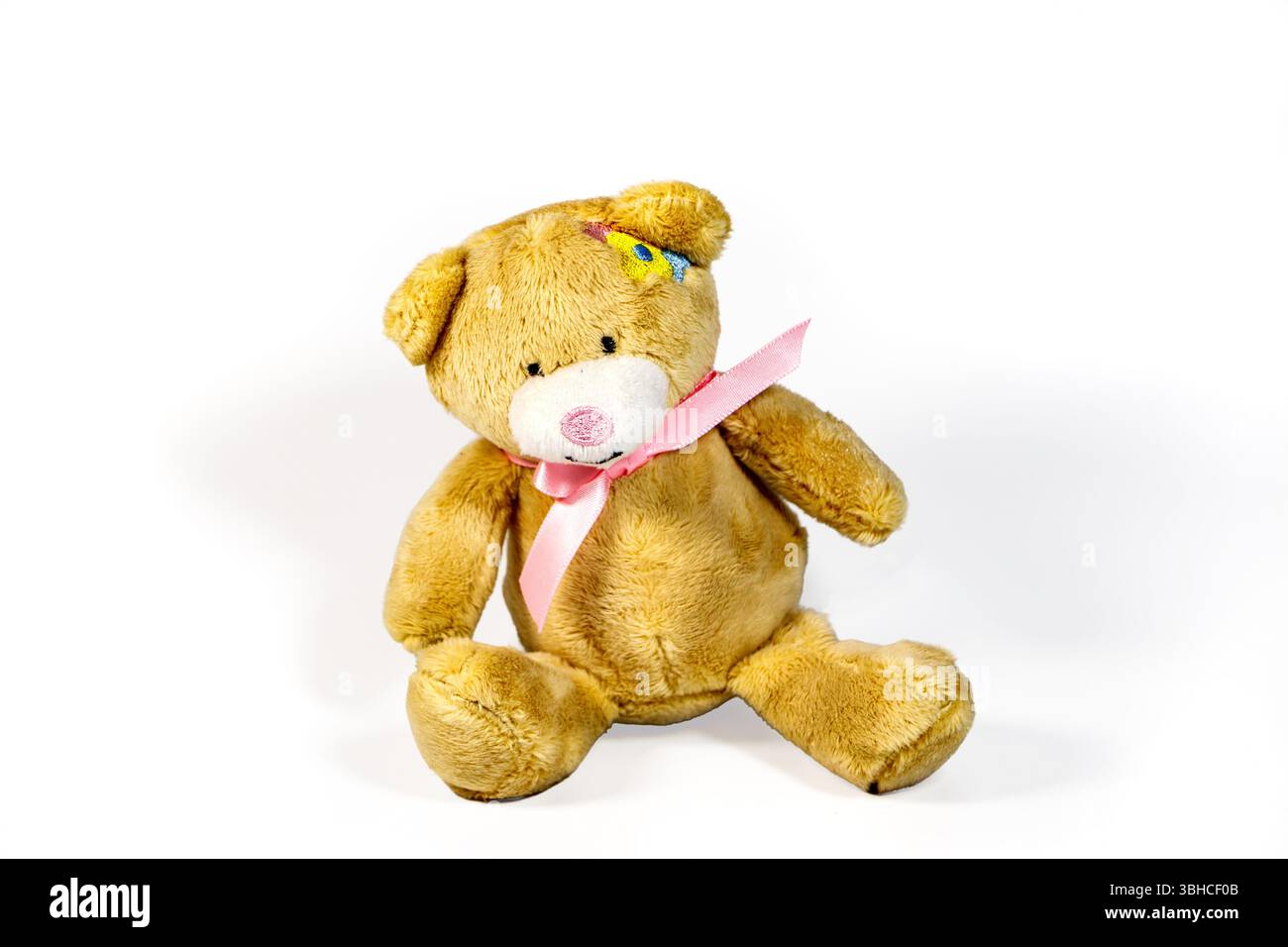 Simpatico orsacchiotto marrone con un nastro rosa su sfondo bianco, che mostra una patch colorata sulla testa Foto Stock