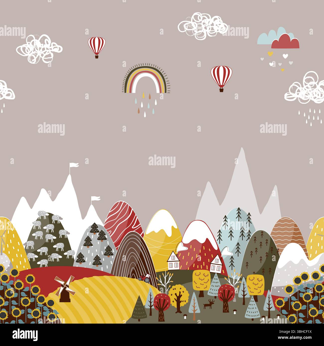 Grazioso motivo di bordi senza cuciture con montagne e campi disegnati a mano. Texture creative per bambini per tessuti, decorazioni e sfondi per bambini Illustrazione Vettoriale