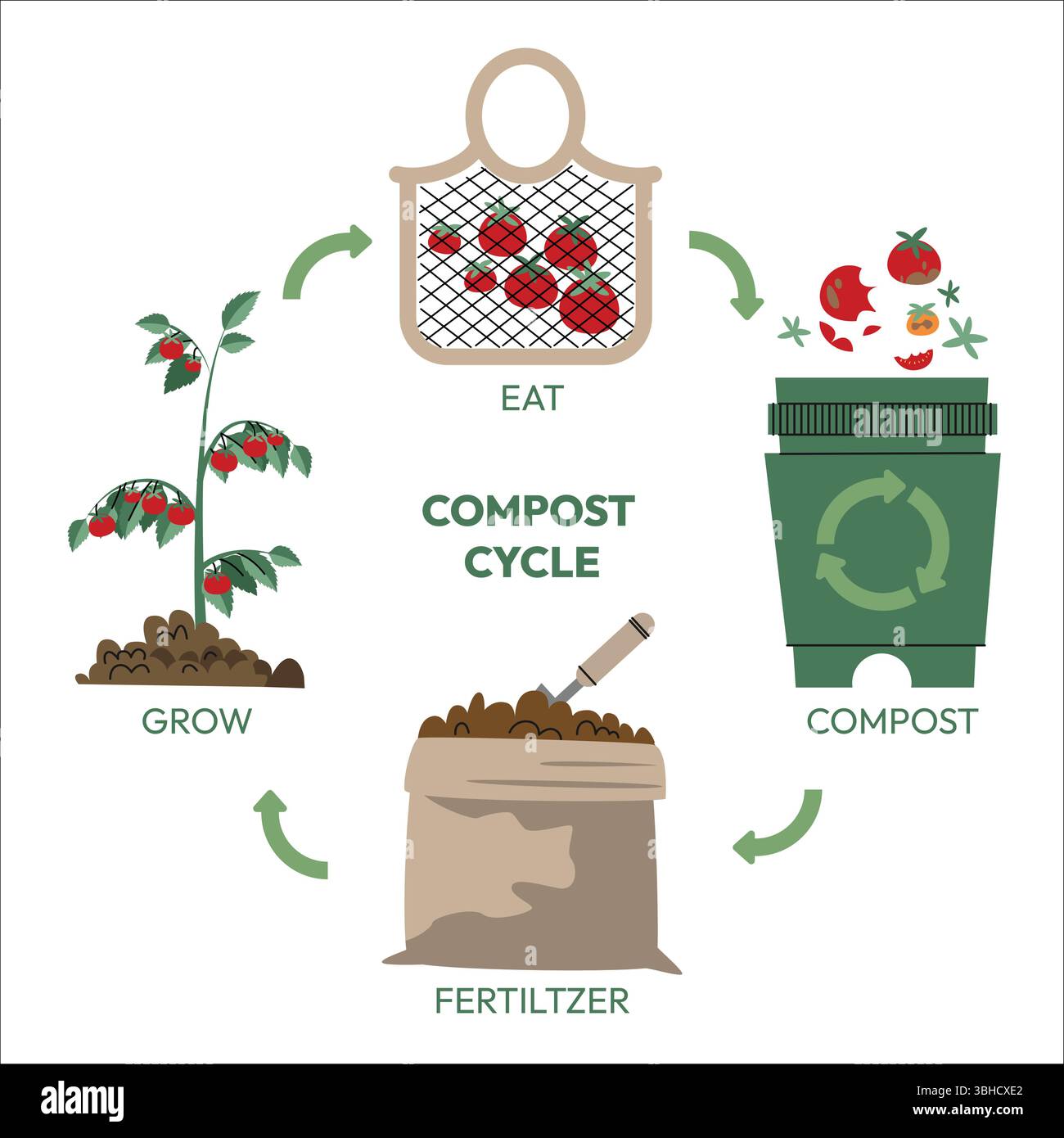 Infografica sul cerchio di vita del compost. Processo di compostaggio. Riciclare i rifiuti organici dalla raccolta di scarti di cucina per utilizzare il compost per l'agricoltura. Zero sprechi Illustrazione Vettoriale