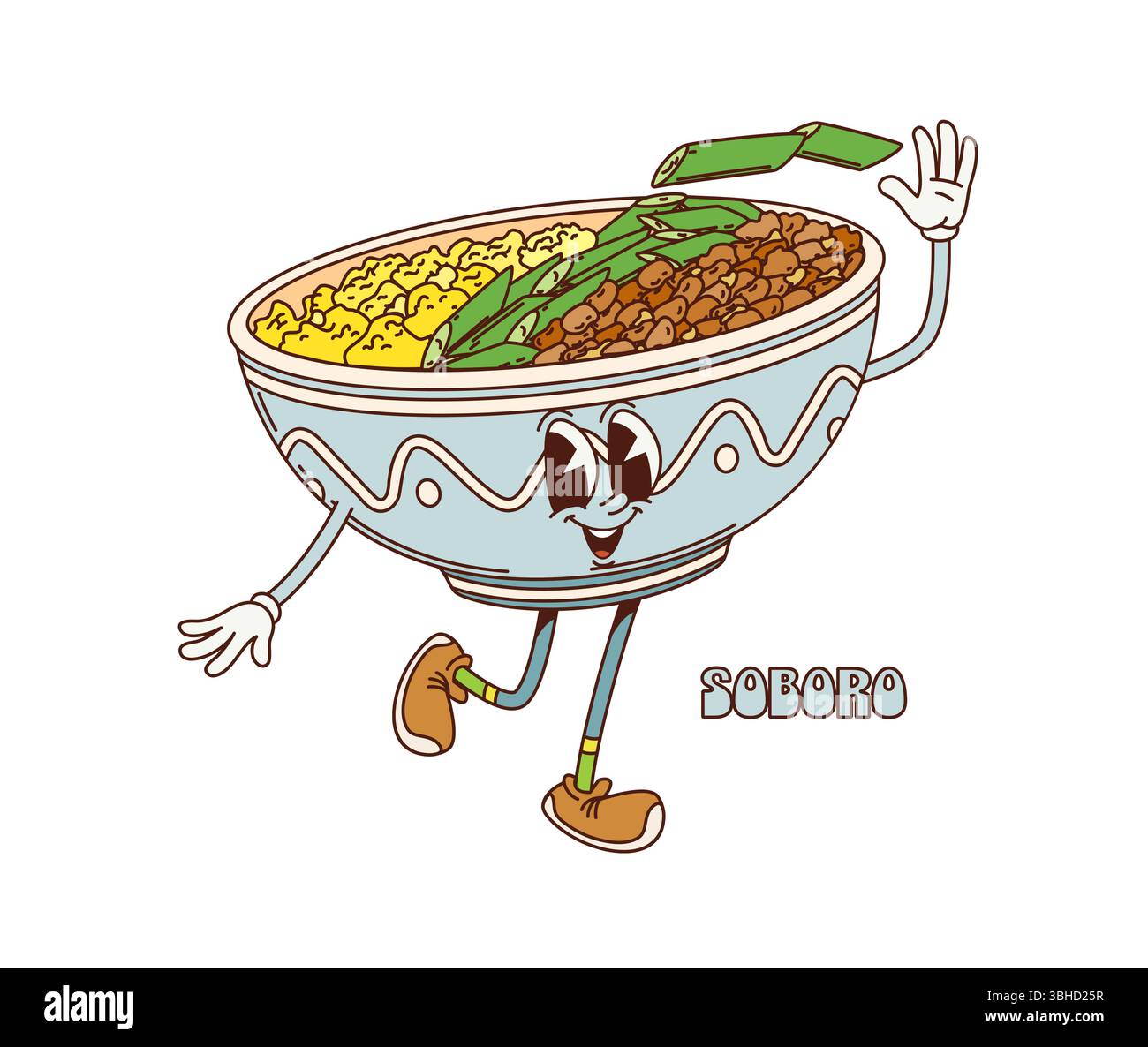 Personaggio cartoon retro groove soboro don donburi. Ristorante di cucina giapponese con riso e uova strapazzate, simpatico personaggio vettoriale. Soboro non ha un carattere hippie o una simpatica mascotte ballerina isolata Illustrazione Vettoriale