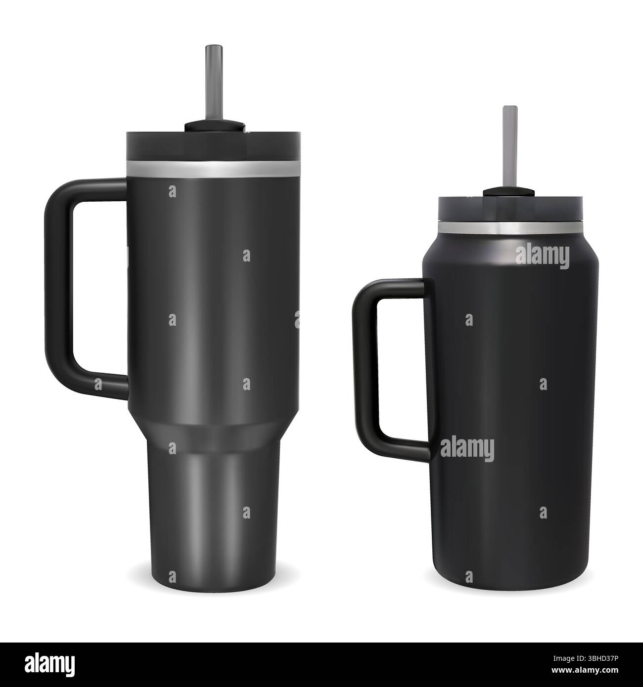 Tazza da viaggio, mockup con beuta termica per bevande al caffè. Contenitore in acciaio inox per bevande calde o fredde. Termos Tumbler con manico, design bianco in plastica nera. Illustrazione Vettoriale