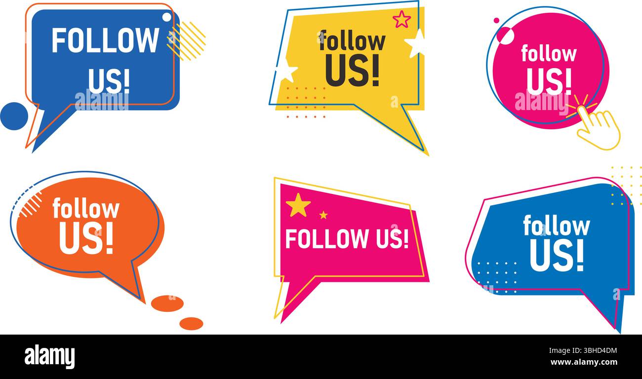 Set di icone Seguici vivaci e giocose. Pulsante di abbonamento ai social media. Bolla vocale conversazionale con richiamo all'azione, elementi vettoriali Illustrazione Vettoriale