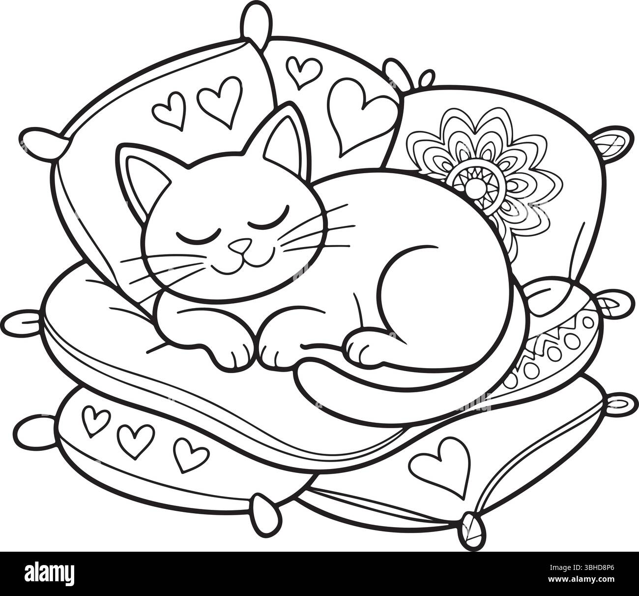 Il gatto dormiente sui cuscini è molto carino Illustrazione Vettoriale