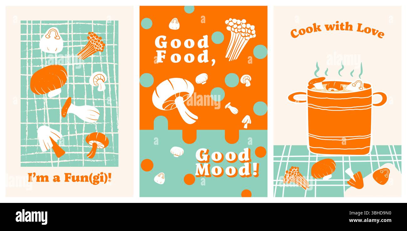 Set di 3 poster disegnati in concetto di cibo sano, Veggie Time! Serie. Graziosa illustrazione di verdure disegnate a mano in stile minimalista, perfetta per poster, po Foto Stock