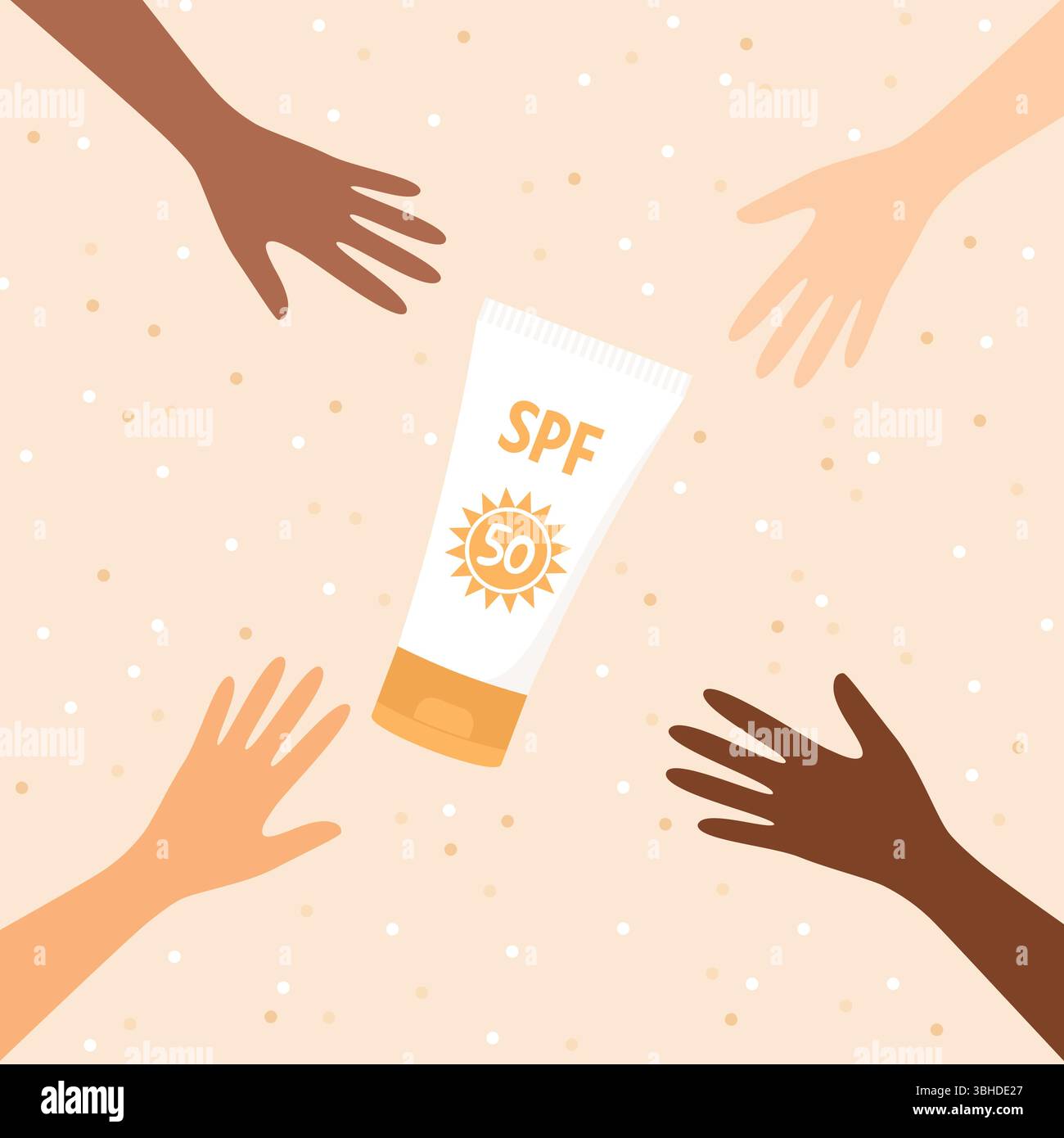 Mani di diverse tonalità della pelle che raggiungono la protezione solare sullo sfondo sabbioso della spiaggia. Illustrazione vettoriale piatta Illustrazione Vettoriale Mani di diverse tonalità della pelle che raggiungono la protezione solare sullo sfondo sabbioso della spiaggia. Illustrazione vettoriale piatta Illustrazione Vettoriale