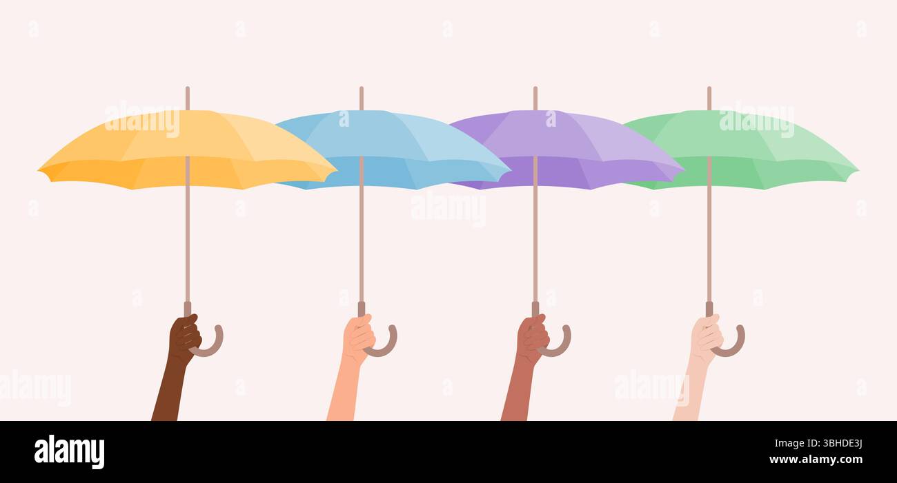 Mani di diverse tonalità della pelle che reggono ombrelli colorati. Illustrazione vettoriale piatta Illustrazione Vettoriale Mani di diverse tonalità della pelle che reggono ombrelli colorati. Illustrazione vettoriale piatta Illustrazione Vettoriale