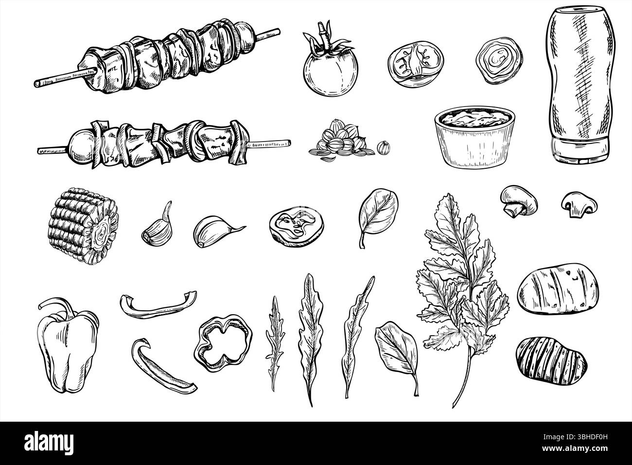 Set per barbecue vettoriale monocromatico con spiedini, verdure alla griglia, salse e schizzi di inchiostro nero spezie. Disegno inciso di clip art kebab grigliate per tutta la famiglia Illustrazione Vettoriale