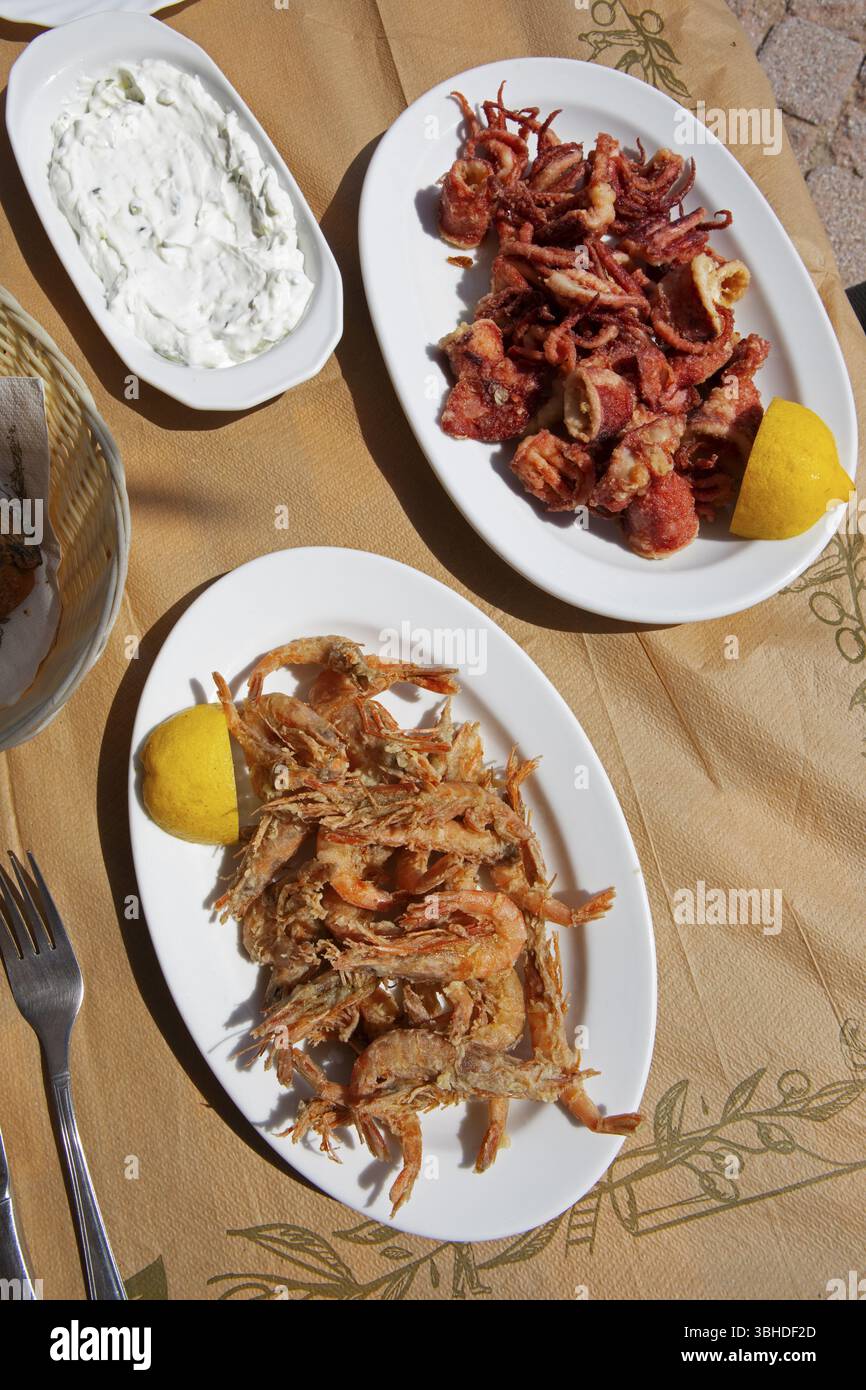 Gamberi grigliati appena pescati, polpo grigliato e tzatziki, piatti tipici greci, penisola del Pilio o Pilio, Tessaglia, Grecia, Europa Foto Stock