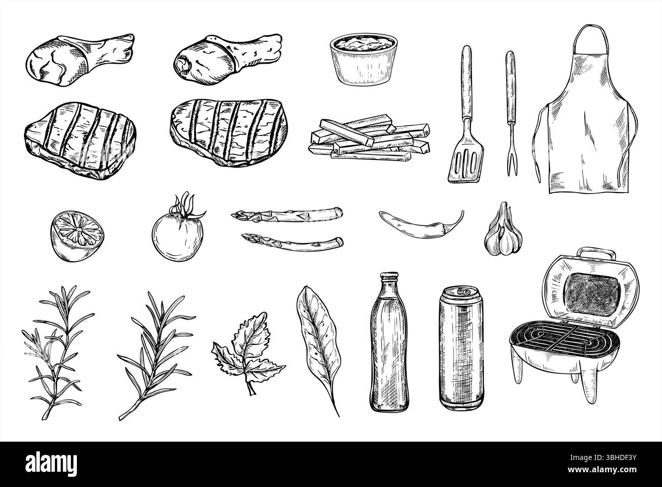 Set per barbecue con carne alla griglia, pollo, verdure e strumenti di cottura, illustrazione in bianco e nero. Grafica vettoriale della parte inferiore del pollo crudo Illustrazione Vettoriale