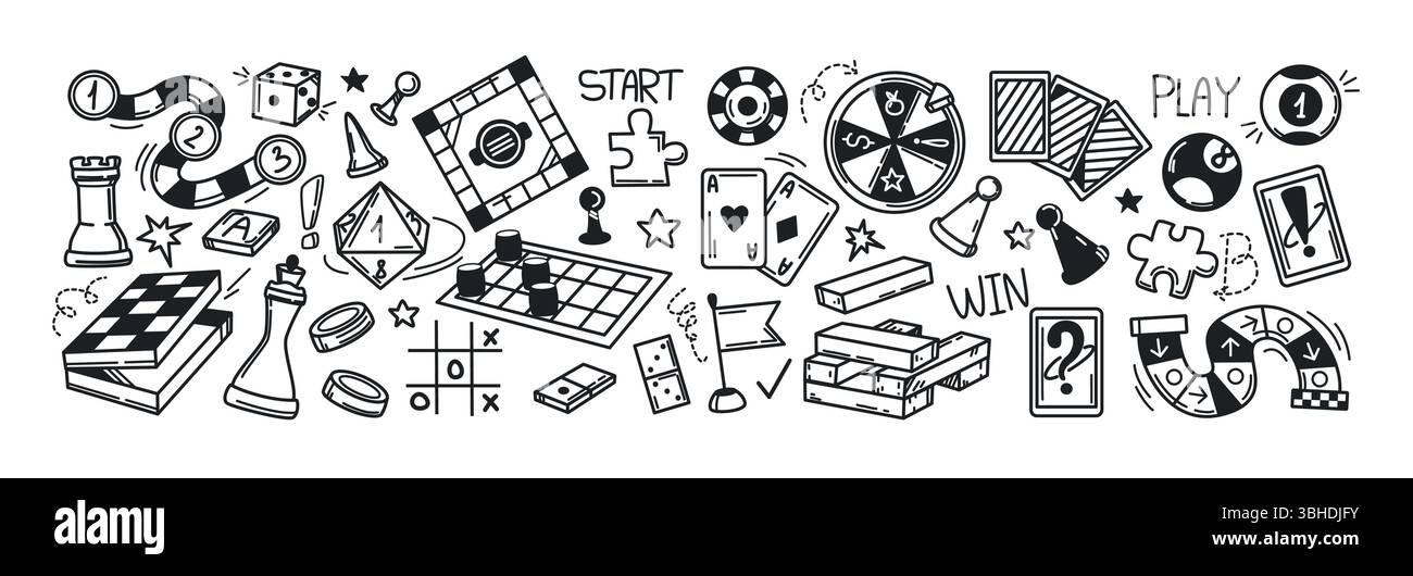 Set di scarabocchi per giochi da tavolo. Illustrazione vettoriale disegnata a mano, disegna icone di carte, dadi e pedine. Dama, roulette, poker, domino, lotto, biliardo e altri simboli di gioco. Concetto di svago per tutta la famiglia Illustrazione Vettoriale