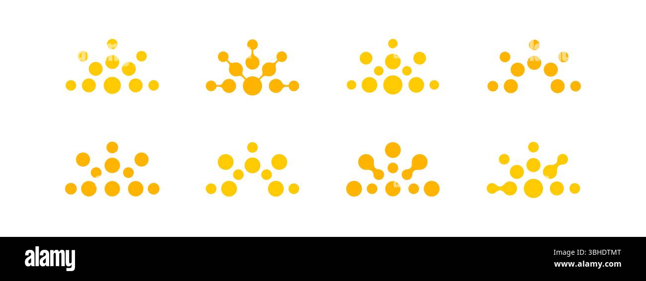 Set di logo Abstract Half Sun, Collezione di icone Abstract Circular Sunset Dot. Emblema luminoso e punteggiato sul bianco BG per vacanze, energia solare, caldo Illustrazione Vettoriale
