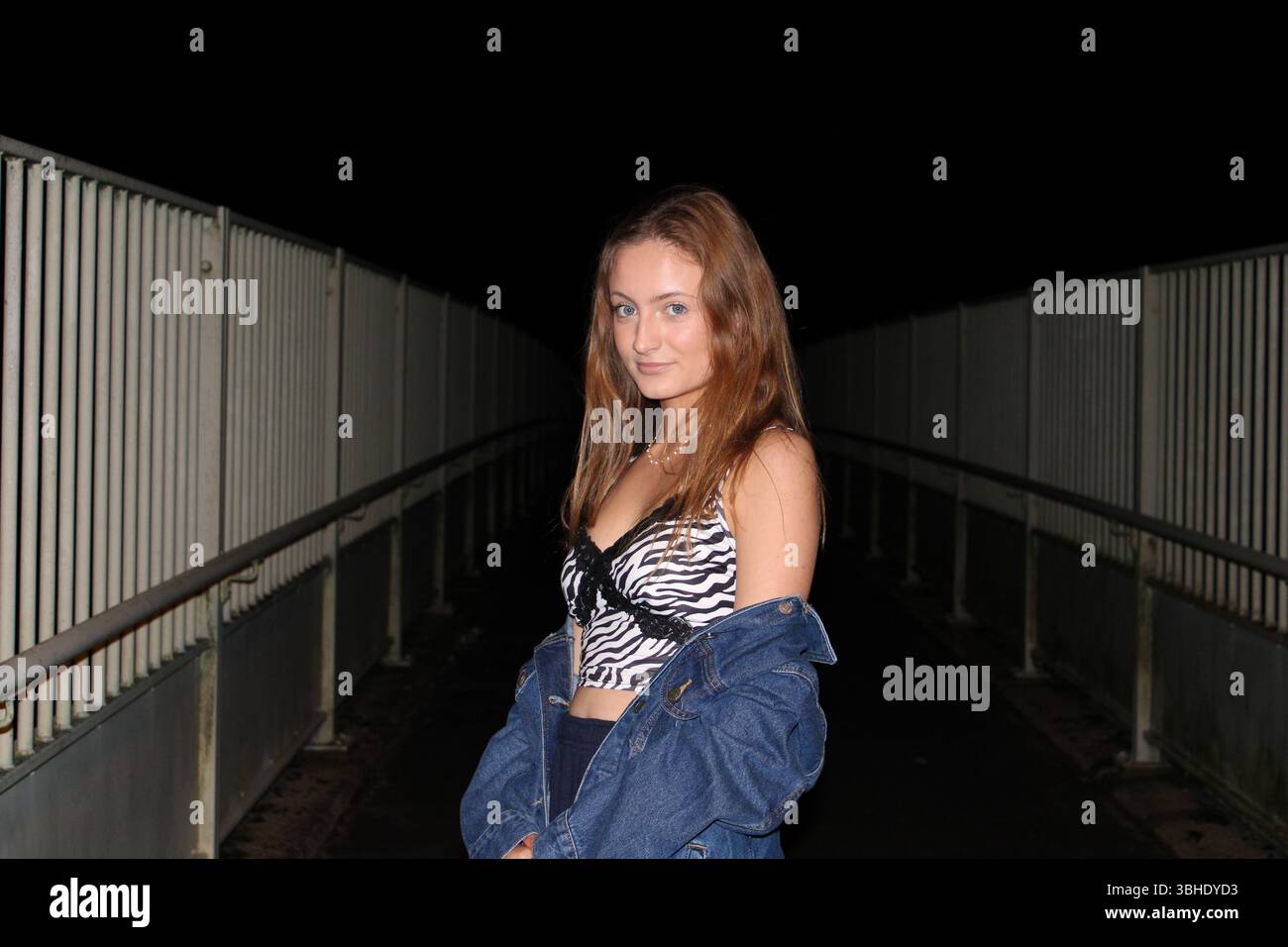 Servizio fotografico di giovane signora sul ponte di notte per buoni sfondi e influenze. Foto Stock