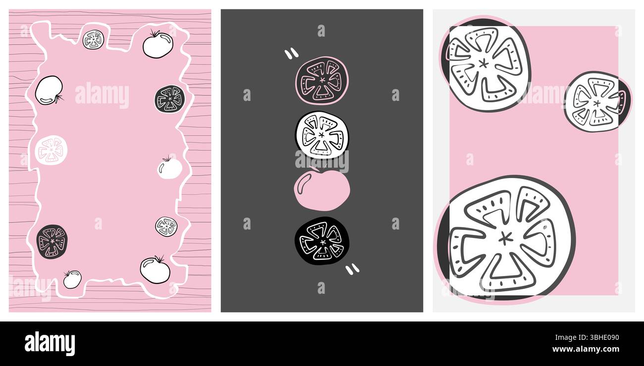Set di 3 poster disegnati in concetto di cibo sano, Veggie Time! Serie. Graziosa illustrazione di verdure disegnate a mano in stile minimalista, perfetta per poster, po Foto Stock